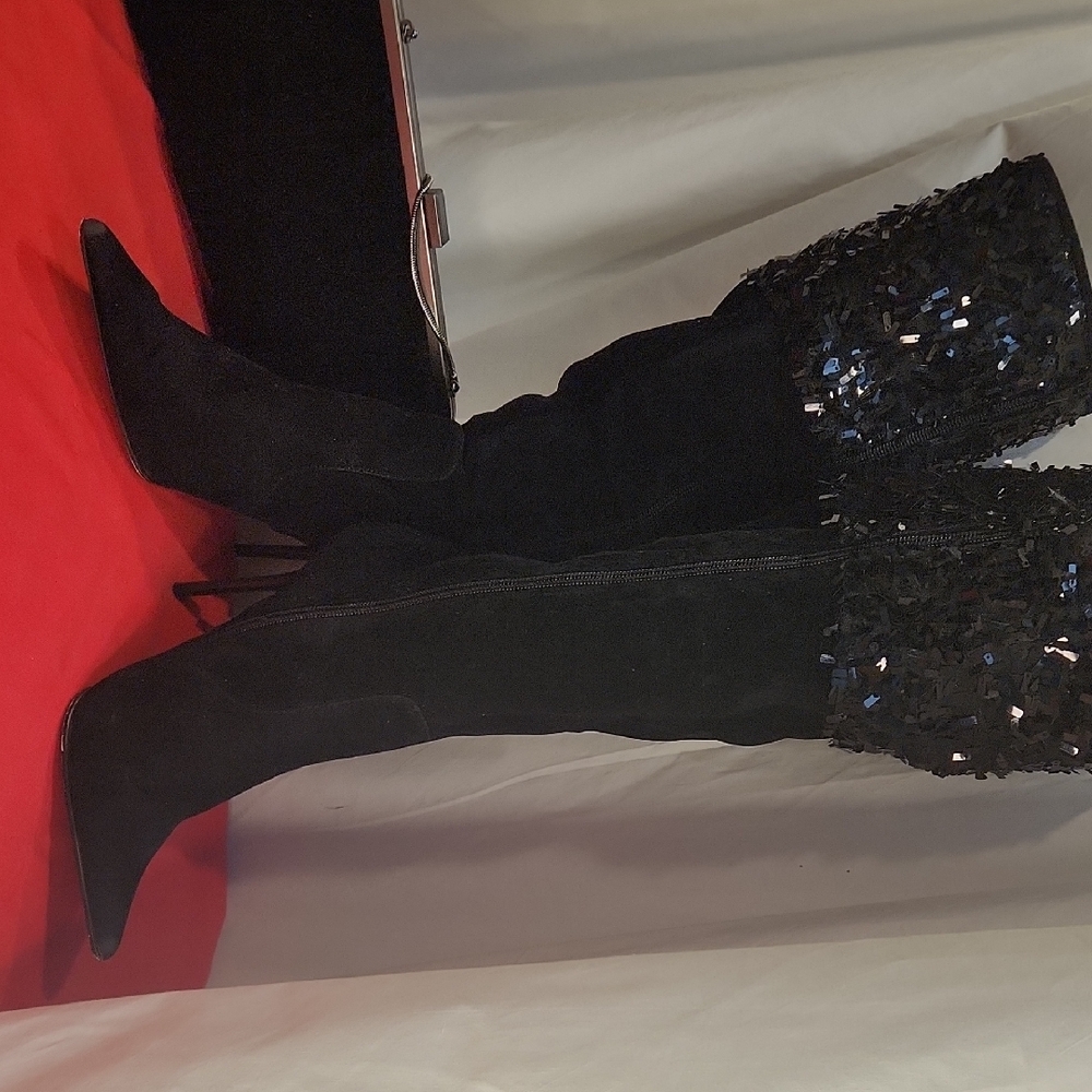 Elegant Black Sequin Knee-High Boots